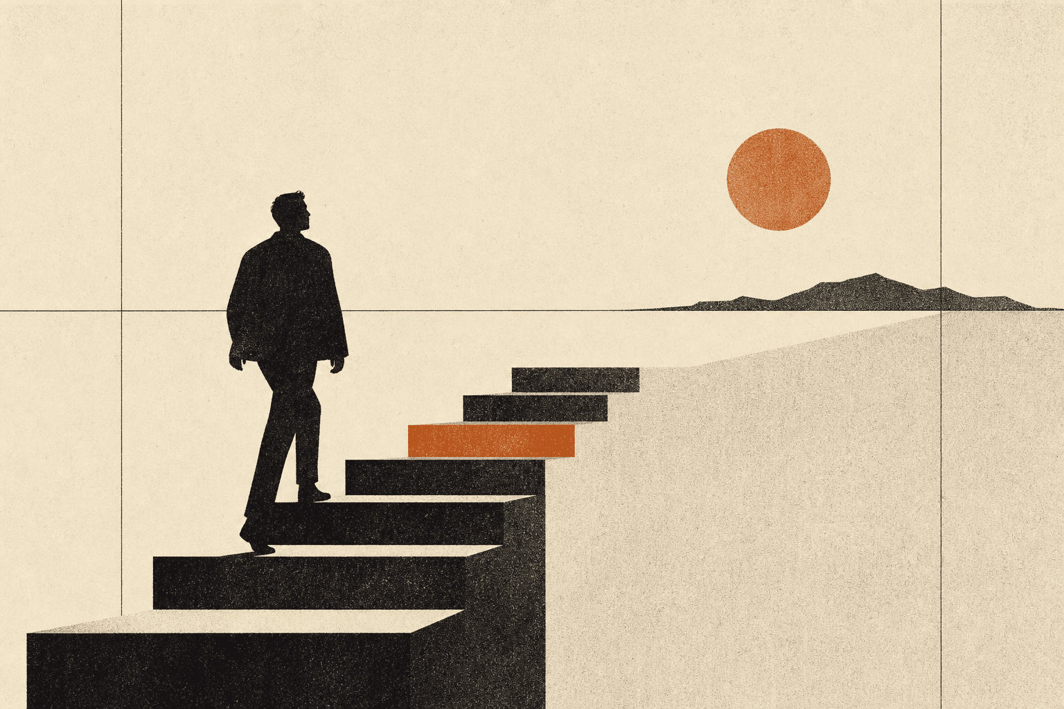 Editorial illustration of a figure walking up steps toward a horizon.