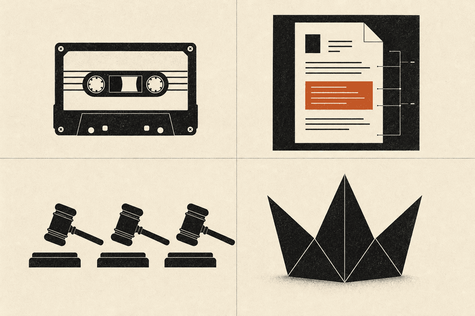 Editorial collage of a cassette tape, an x-rayed resume, three judge gavels, and an origami crown.